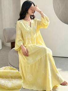 Yasmyna Spring/Summer Gentle Style Yellow V-Neck Embroidered Long Sleeve Loose Slimming Flared Elegant Casual Vacation Dress For Women - Yellow - View 9