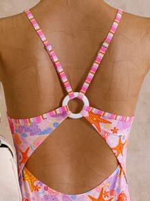SHEIN Swim Women's Ocean Starfish Fresh High Saturation Dopamine Summer Energetic Print One-Piece Swimsuit Sports Surfing Suit Slimming Backless Vacation Pink - Pink - View 8