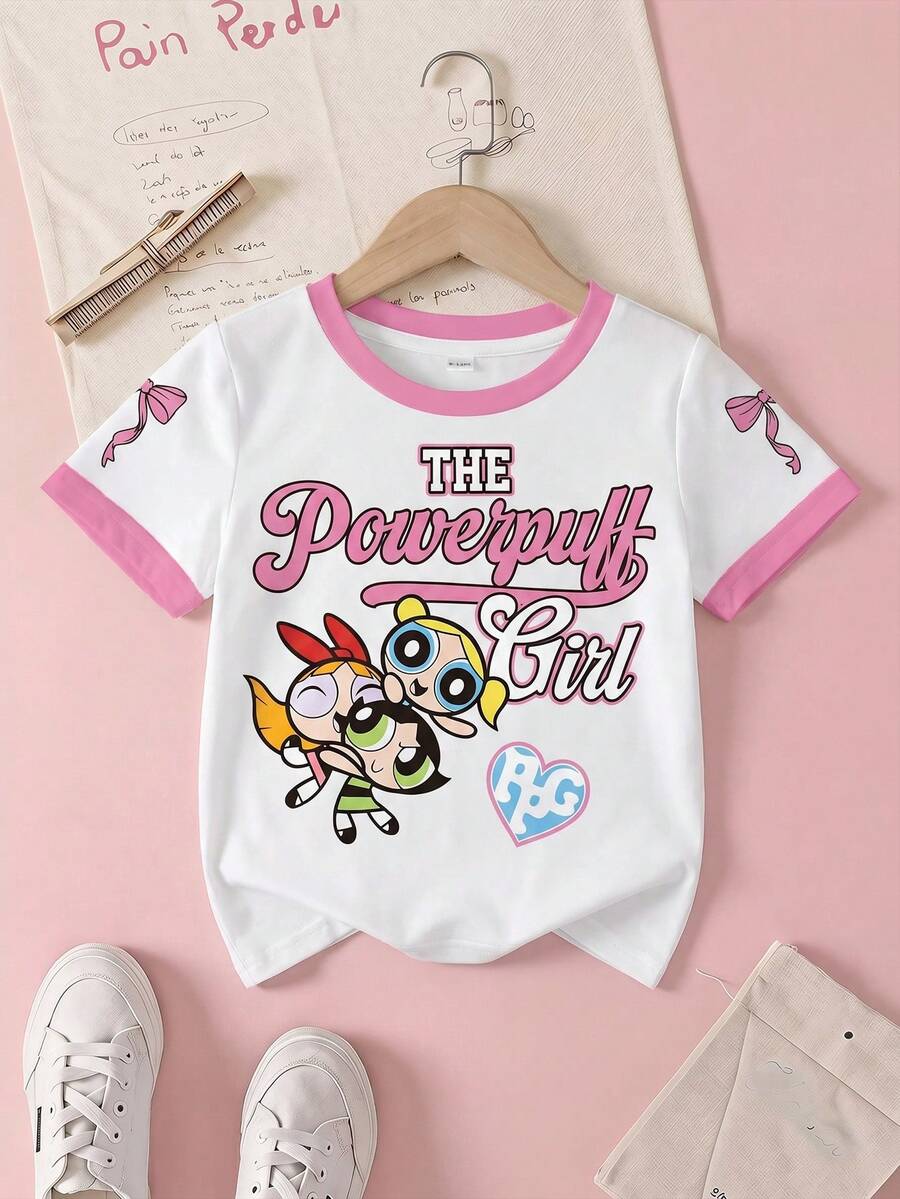 THE POWERPUFF GIRLS X SHEIN 女婴休闲日常通勤时尚街头可爱卡通字母蝴蝶结印花圆领短袖T恤 - 白色 - 查看 1