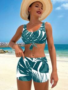 Swim Lushoire Conjunto de traje de baño de dos piezas para mujer de verano y playa con bikini de bloques de color y volantes, shorts y bata de cobertura - Multicolor - Ver 3