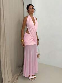 Glamine 2026 Women's Elegant Mama Mia Sexy Criss-Cross Halter Neck Cut-Out Backless Hip Mesh Spliced Mermaid Ultra Long Dress Wedding Baby Pink Summer Party - Baby Pink - View 3
