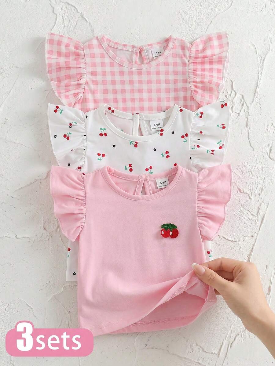 SHEIN Gentle Purple Stripe, 3D Bow Pattern, Young Girl Casual Simple Versatile Round Neck Cap Sleeve T-Shirt 1pc Suitable For Spring/Summer Daily Wear, - Multicolor - View 1