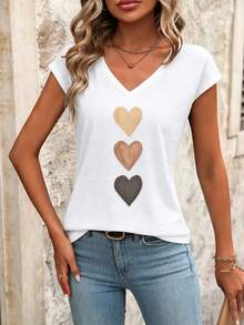 Louniche Women's Fashion Heart Pattern Print V-Neck Casual T-Shirt - White - View 5