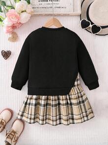SHEIN 女童格紋拼接二合一洋裝 開學季校園風 黑色 秋季 - 黑色 - 查看 6