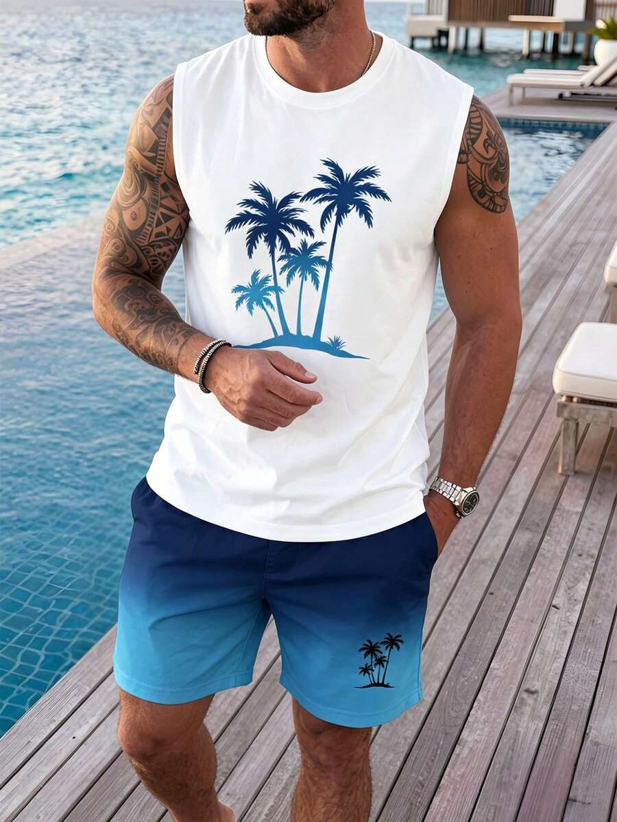 VIVINTIMO 標準尺寸男士修身棕櫚樹印花背心與短褲套裝，度假風 - 藍色 - 查看 1