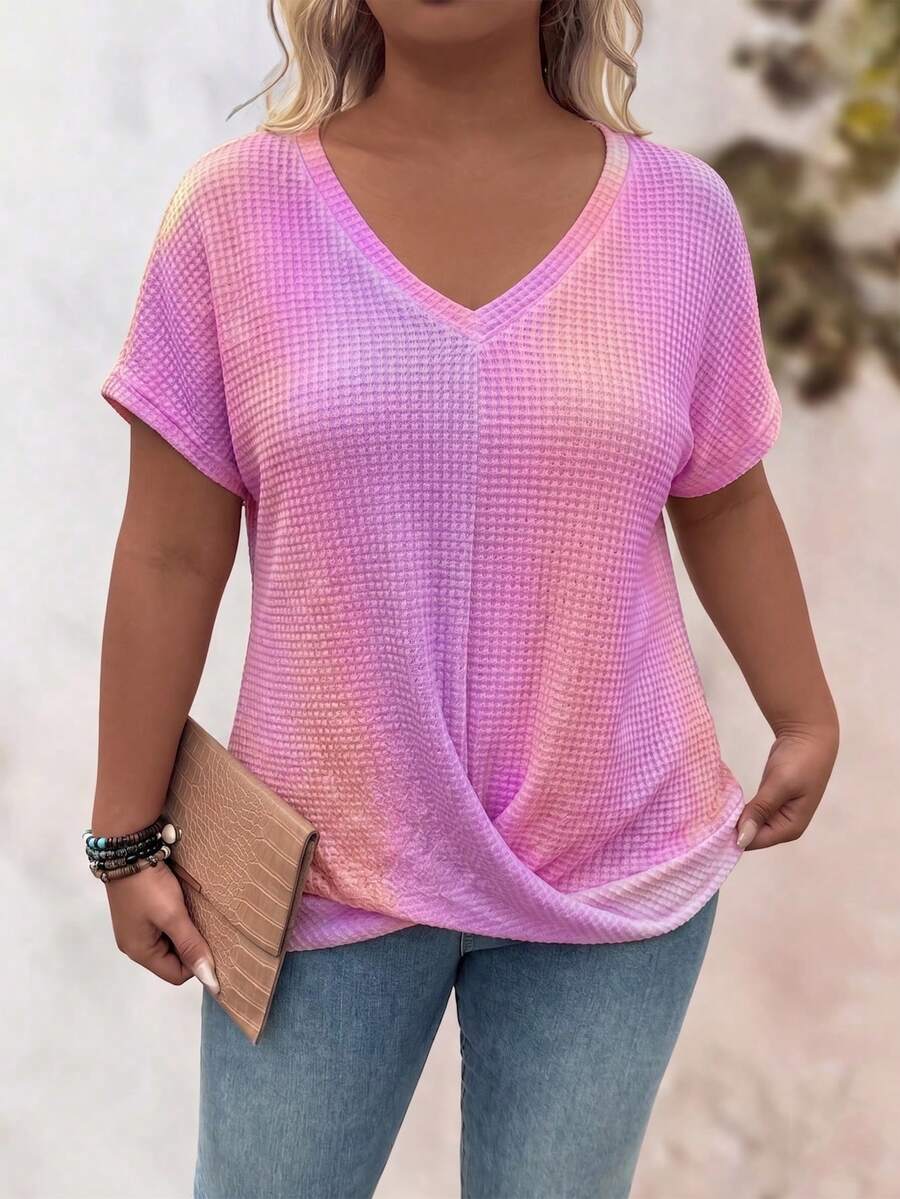 EMERY ROSE Plus Size Women's Casual V-Neck Rainbow Color Scheme Hem Cross Twist Knot Elegant Slimming Design Short Sleeve T-Shirt - Mauve Purple - View 1