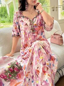Al Najma Spring/Summer French Lace Square Neck Printed Gentle Short Sleeve Elegant Dress - Multicolor - View 2