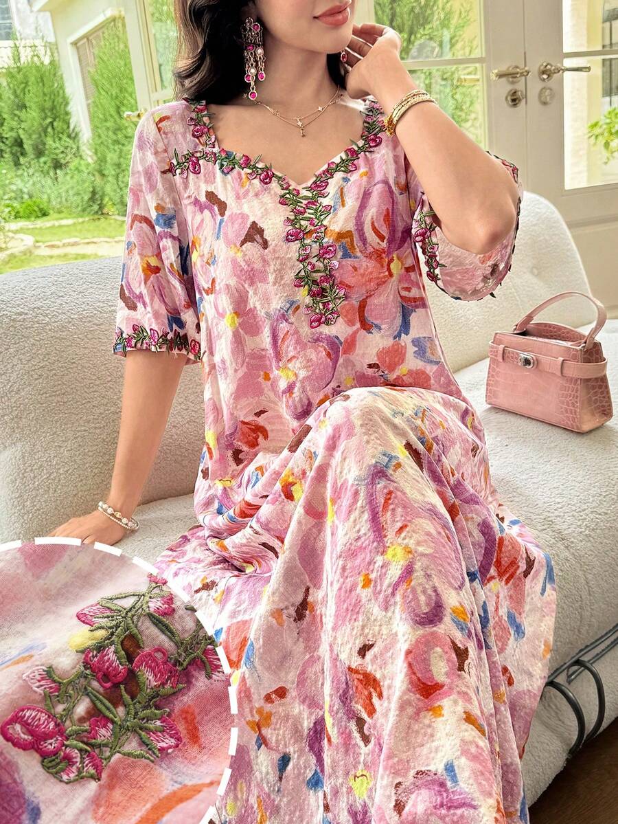 Al Najma Spring/Summer French Lace Square Neck Printed Gentle Short Sleeve Elegant Dress