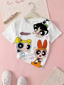 THE POWERPUFF GIRLS X SHEIN Tween Girl Blossom, Bubbles, Buttercup Pattern Short Sleeve Tee Powerpuff Tween Girl Anime Shirt Powerpuff Girls Shirt Cartoon Print Shirt Cartoon Graphic Tee - White - View 1