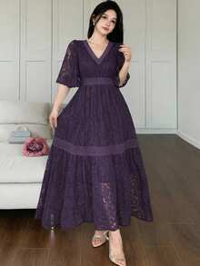 DAZY Vestido midi de mujer con encaje floral en todo el Body y color de contraste para primavera y verano - Morado - Ver 6