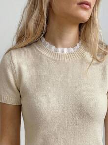 Sprig & Strand Women's French Gentle Style Light Beige Round Neck Lace Patchwork Short Sleeve Knit Top Spring/Summer Teachers' Day Office Basic Minimalist Modest - Apricot - View 4