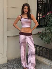 Siren Gaze Summer Women's Light Pink Checkered Two Pieces Set, Square Neck Camisole High Waist Wide Leg Pants, Y2K Casual Coastal Hot Girl Style Beach Travel - Pink - View 8