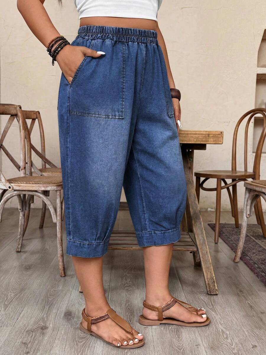 SHEIN CURVE+ Plus Size Women's Pocket Elastic Waist Casual Versatile Daily Travel Denim Jeans Date Night Mana Concert Navy Blue Summer - Dark Wash - View 1