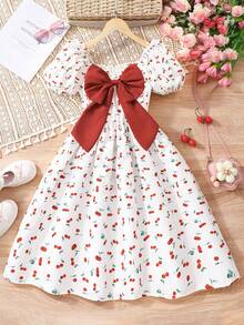 Girls' Spring/Summer Cherry Print Puff Short Sleeve Dress With Large Back Bow, Suitable For Outings And Beach Vacations - Red - View 2