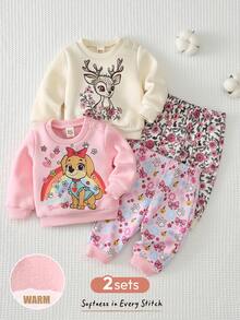 Cozy Pixies Conjunto de 2 piezas para bebé niña recién nacida con top de punto suave de manga larga, cuello redondo, estampado de animales de dibujos animados, cintura elástica y pantalones largos de invierno - Rosa - Ver 12