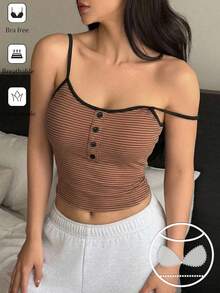 DAZY 條紋假門襟加厚細肩帶女款背心內搭衫 - 棕色 - 查看 5