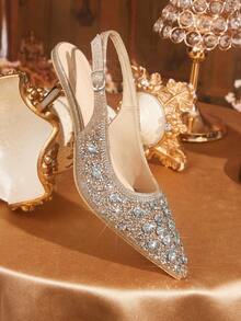 CUCCOO TILAWA Women's Fashion Electroplated And Glass Rhinestone Pointed Silver Women's High-Heeled Shoes, Suitable For Going Out, Banquets, Parties And Other Activities - Champagne - View 3