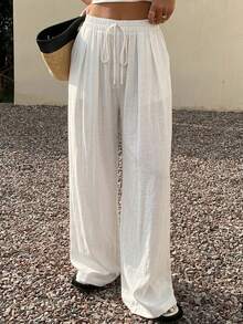 DAZY 素色寬鬆寬腿口袋休閒度假夏季女款長褲 - 白色 - 查看 6