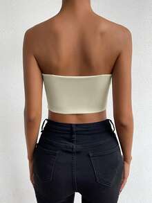 Allurite Women Solid Color Bandeau Backless Sleeveless Top - Beige - View 3