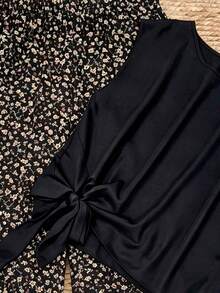 Elaquor Plus Size Women's Solid Color Round Neck Cap Sleeve Waist Knot Top Floral Wide Leg Pants Casual Elegant 2-Piece Set Brunch Office Dinner Black - Black - View 4
