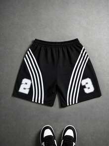 ROMWE MEN Street Life Celana Pendek Kasual Pria dengan Motif Garis Huruf dan Tali Serut di Pinggang - Hitam - View 5