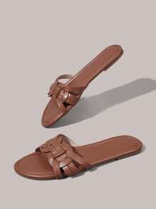 Styleloop Women Shoes Round Toe Flat Bottom Brown Cross Upper Women Flat Sandals Light Comfortable Simple Commute Daily Vacation Travel Women Flat Sandals - Brown - View 3