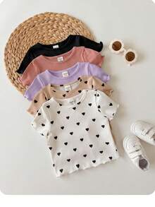 5pcs -Piece Set Of Solid Color Heart Pattern Knitted Casual T-Shirts For Baby Girls (Multiple Pieces) - Mauve Purple - View 4