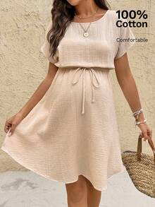 SHEIN Boat Neck Solid Color Waist Bowknot Decor Maternity Dress - Apricot - View 1