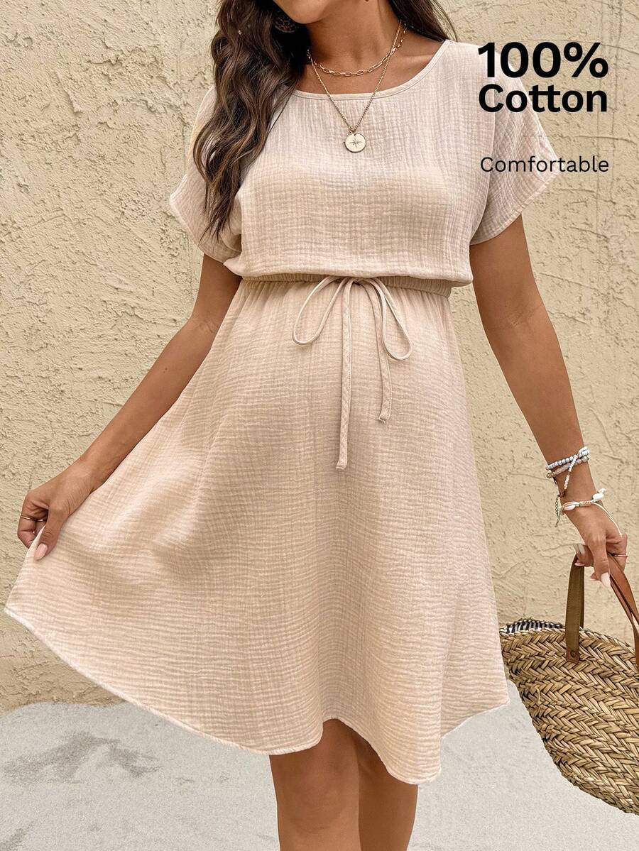 SHEIN Boat Neck Solid Color Waist Bowknot Decor Maternity Dress - Apricot - View 1