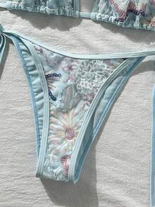 Swim Vcay Swim Bonvoyette 兩件式春夏度假花卉亮片紋理面料掛脖三角比基尼上衣與側綁比基尼泳褲性感女款泳衣套裝 - 彩色 - 查看 3