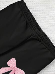 春/夏/秋女童時尚創意清爽閃亮紋理粉色蝴蝶結印花休閒基本款短T恤 & 長褲套裝，舒適日常穿著甜美可愛日系風 - 彩色 - 查看 6