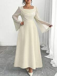 Modelyn Plus Size Patchwork Cinched Waist Long Sleeve A-Line Dress Fall Cloth For Women - Apricot - View 5