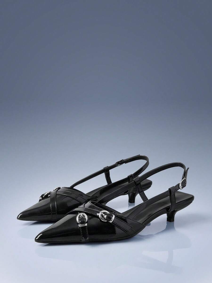 CUCCOO GRLICON Zapatos de mujer de cuero charol con punta, cruz metálica y decoración de doble hebilla, tacón kitten y vacíos, estilo locomotora, para chica cool, adecuados para primavera y verano, uso en vacaciones, imprescindible para viajes, estilo de los 2000 - Negro 1 - Ver 1