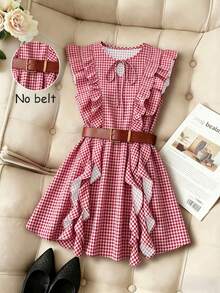 Pariaura Vintage Brown Ruffled Full-Width Design Dress / Waist-Cinching Slim Mini Dress / Elegant & Sweet - Red - View 3