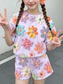 青少年女孩休閒簡約可愛趣味紋理花卉印花馬卡龍色田園風短袖短褲兩件套，適合夏季舒適春夏風格，圖案設計，日系可愛風 - 彩色 - 查看 2