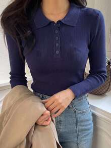 DAZY 女款商務休閒半袖POLO領半鈕扣針織毛衣上衣 - 藍色 - 查看 5