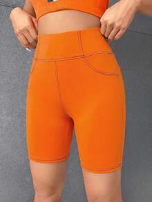SHEIN PETITE CURVE Quần short biker size lớn đắp chữ may viền nổi - trái cam - Xem 4