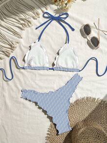 Swim Mod Women's Sexy Solid Color High Elasticity Frill Trim Bikini Set For Vacation - Blue - View 2