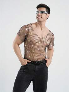 DSELFIQUE Herren glänzendes Strass-Fischernetz T-Shirt, sexy transparentes Mesh Rave, Musikfestival Kurzarm, Party Nachtclub Kleidung - Schwarz - Übersicht 7