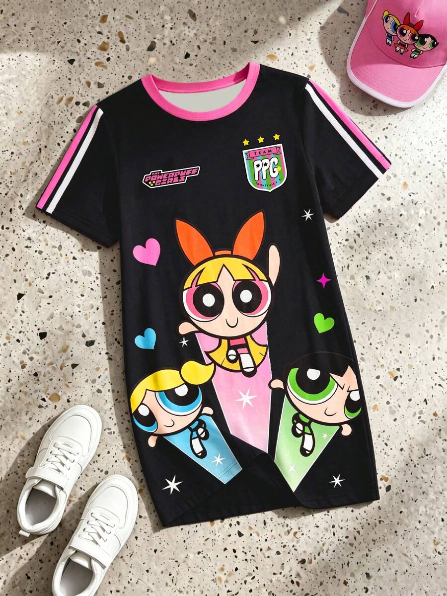 THE POWERPUFF GIRLS X SHEIN GraphicGems 卡通印花休闲宽松A字连衣裙 - 黑色 - 查看 1