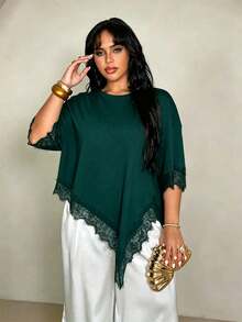 Rustia Plus Size Women Solid Color Round Neck Dropped Shoulder Contrast Lace Asymmetric Hem T-Shirt Dinner Formal Dark Green Summer Elegant Casual Formal - Dark Green - View 4