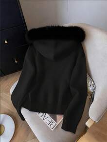 GlowEve 1 件女式纯色简约毛绒连帽拉链开衫 - 黑色 - 查看 2