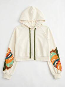 CAJUNI Women's Tropical Plant Print Raglan Long Sleeve Drawstring Hooded Sweatshirt - Beige - View 6