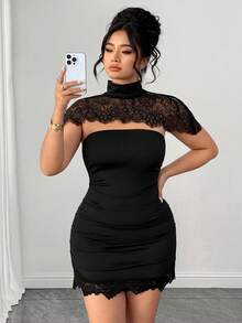 SHEIN Clasi Plus Size Women's Spring Summer Detachable Collar Lace Splicing Stand Collar Slim Dress Suitable For Cocktail Sexy Formal Elegant Black - Black - View 6