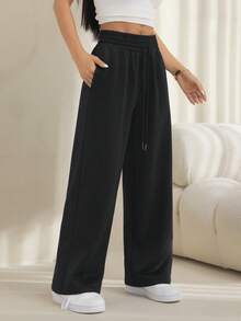 SHEIN PETITE 2026女款春夏黑色復古美式風腰帶繫帶長褲，適合通勤、派對、休閒穿著及其他場合 - 黑色 - 查看 6