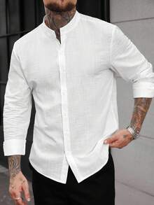 Manfinity Homme Men's Solid Color Front Button Stand Collar Casual Long Sleeve Shirt - White - View 5
