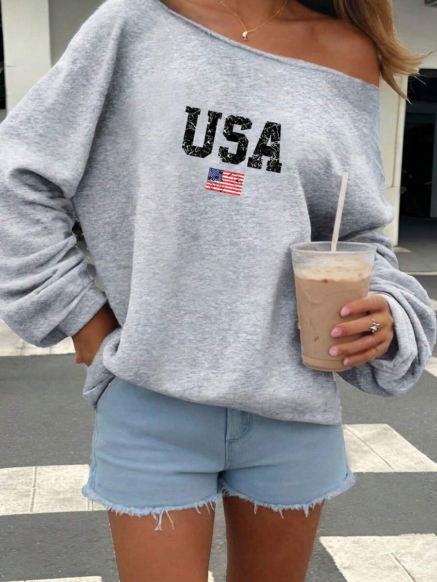 SHEIN EZwear 34%棉淺灰色女款不對稱肩寬鬆休閒長袖衛衣,美國國旗日印花圖案,休閒極簡通勤、外出、夏季 - 灰色 - 查看 1