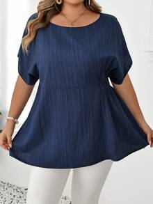 SHEIN CURVE+ Plus Size Women's Vacation Casual Striped Ruffle Hem Shirt - Blue - View 5