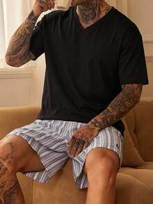 DAZY Short Sleeve Top And Shorts Set With Small Pattern Embroidery, Multi-Color Men's Loungewear - Black - View 5