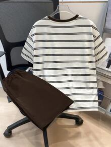 2件套 青少年男童休闲舒适百搭条纹印花T恤和纯色短裤套装 - 棕色 - 查看 3